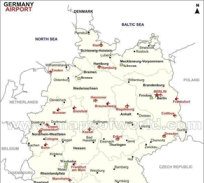 Список международных аэропортов германии, аэропорты на карте