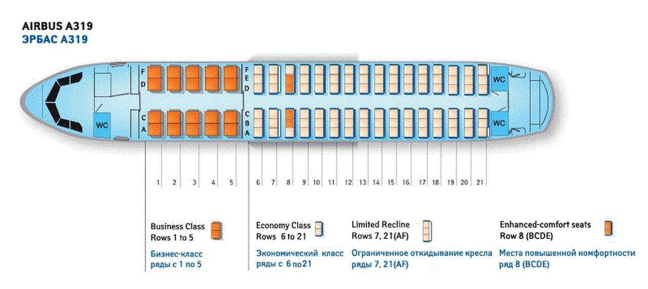 Схема салона самолета Airbus А319: лучшие места