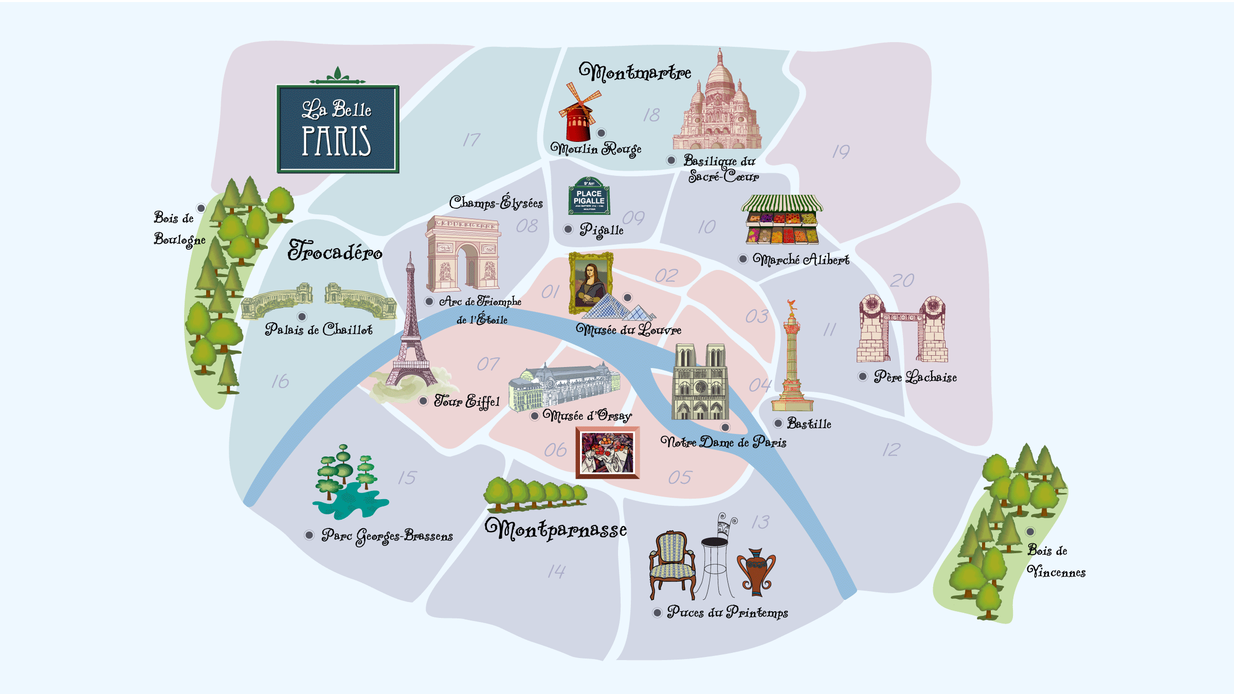 Округа Парижа с достопримечательностями карта