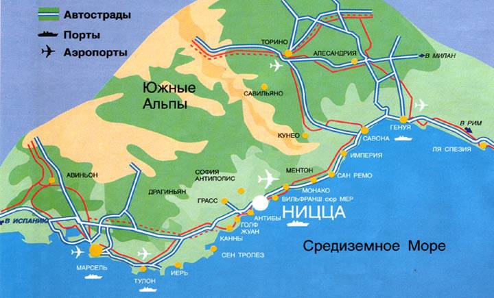 Подробная карта лазурного побережья франции с городами на русском языке
