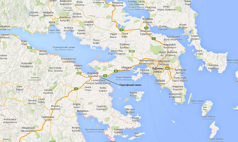 Коринфский канал (греция) на карте