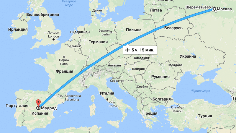 Расчет времени полета на самолете из одного места в другое