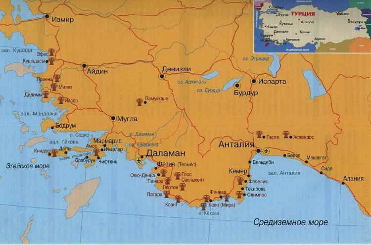 Карта турции на русском языке географическая крупная. города, курорты, отели, граница с государствами