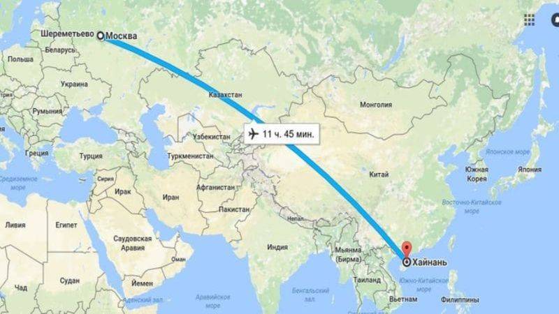Прямой перелет Москва — Хайнань сколько лететь