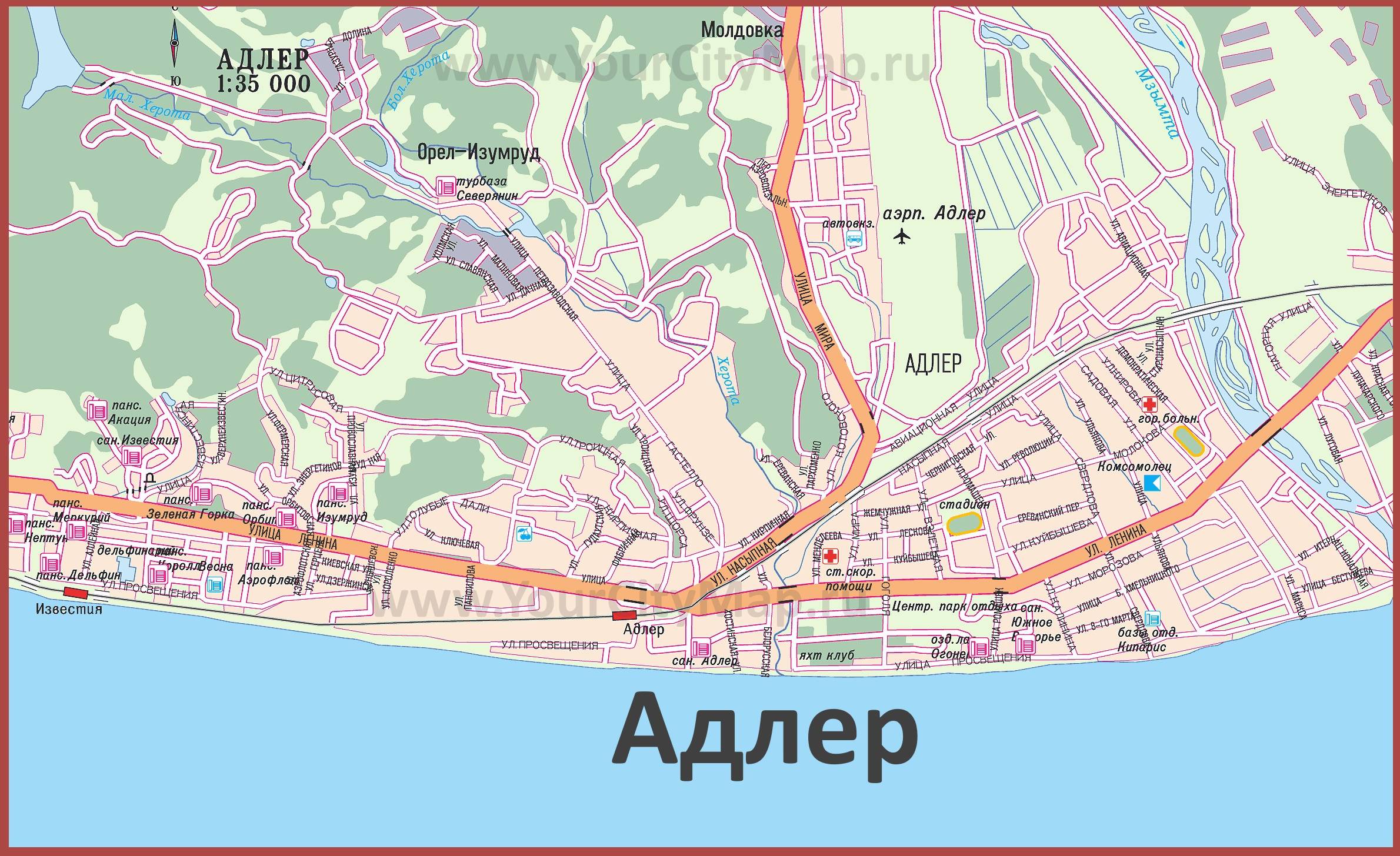 Карта с улицами и достопримечательностями в сочи