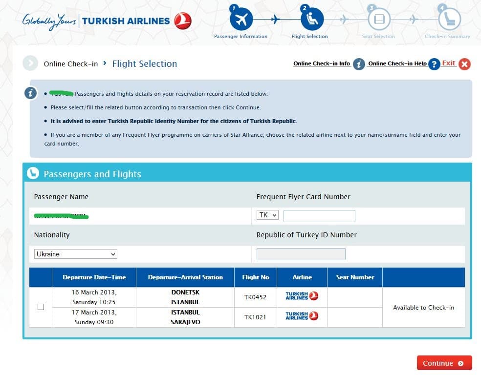 Регистрация онлайн на рейс Турецкие Авиалинии