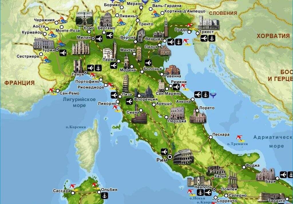 Северная Италия на карте с городами и достопримечательностями