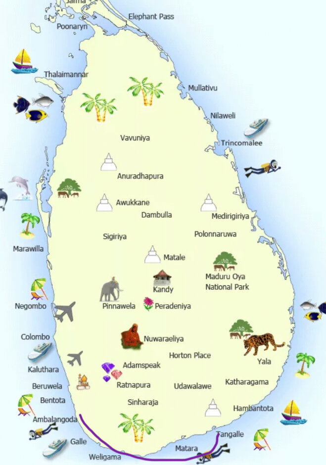 Шри ланка карта острова с достопримечательностями