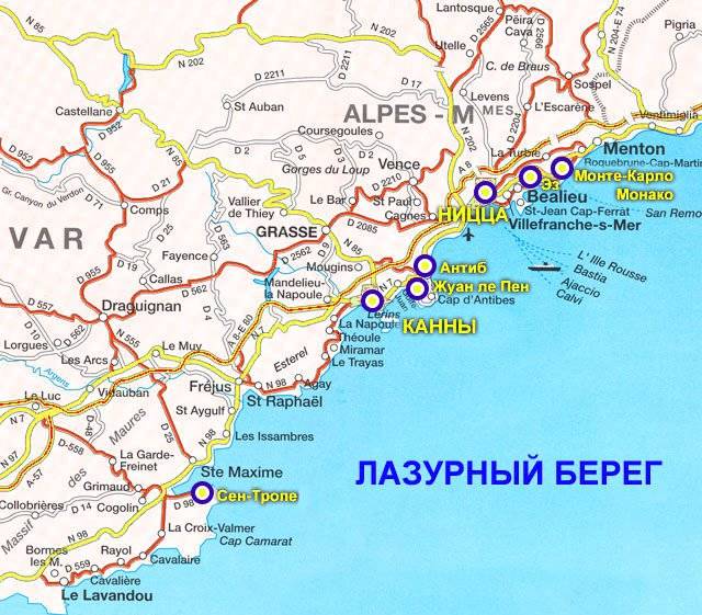 Подробная карта лазурного берега на русском языке, карта лазурного берега с достопримечательностями и отелями