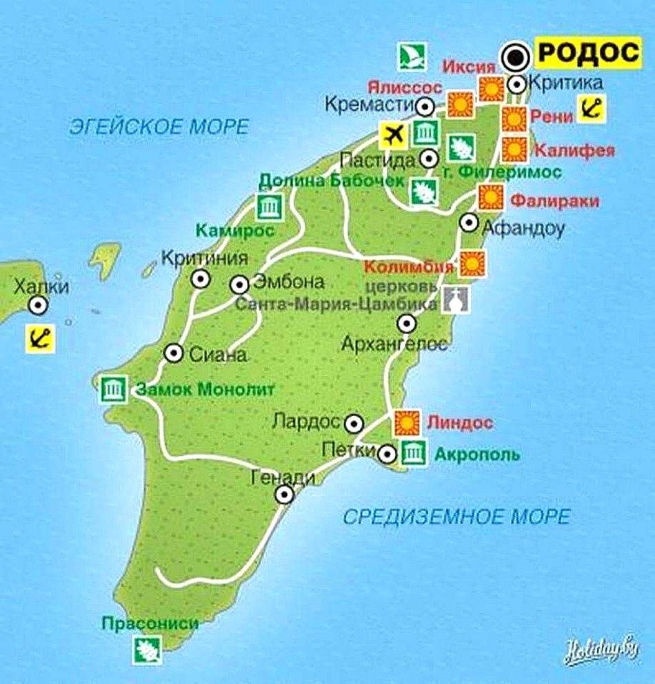 Карта острова родос с пляжами и достопримечательностями