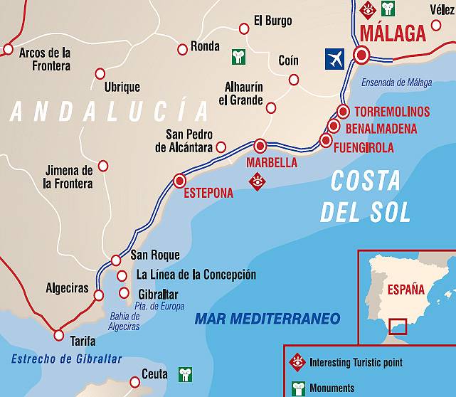 Карта побережья испании с курортами