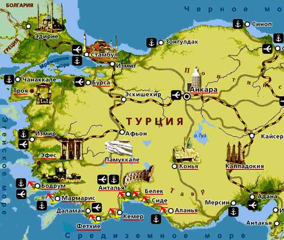 О местоположении курортов в турции: карта на русском, подробное описание