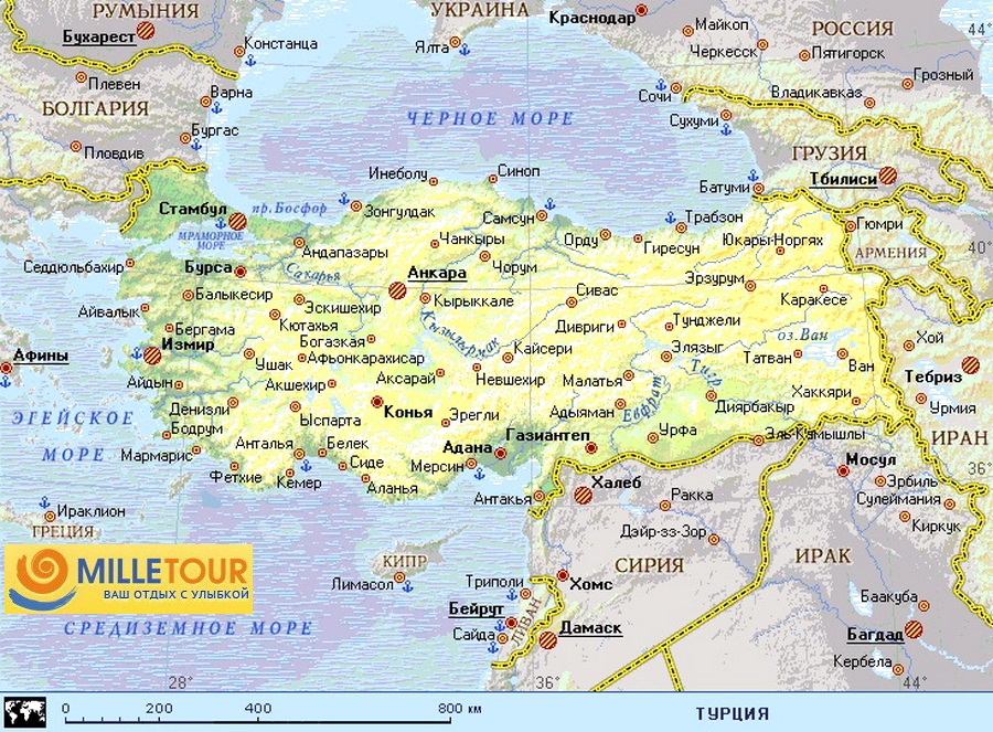 Турция: подробная, крупная карта с городами и курортами на русском языке (сезон 2023)