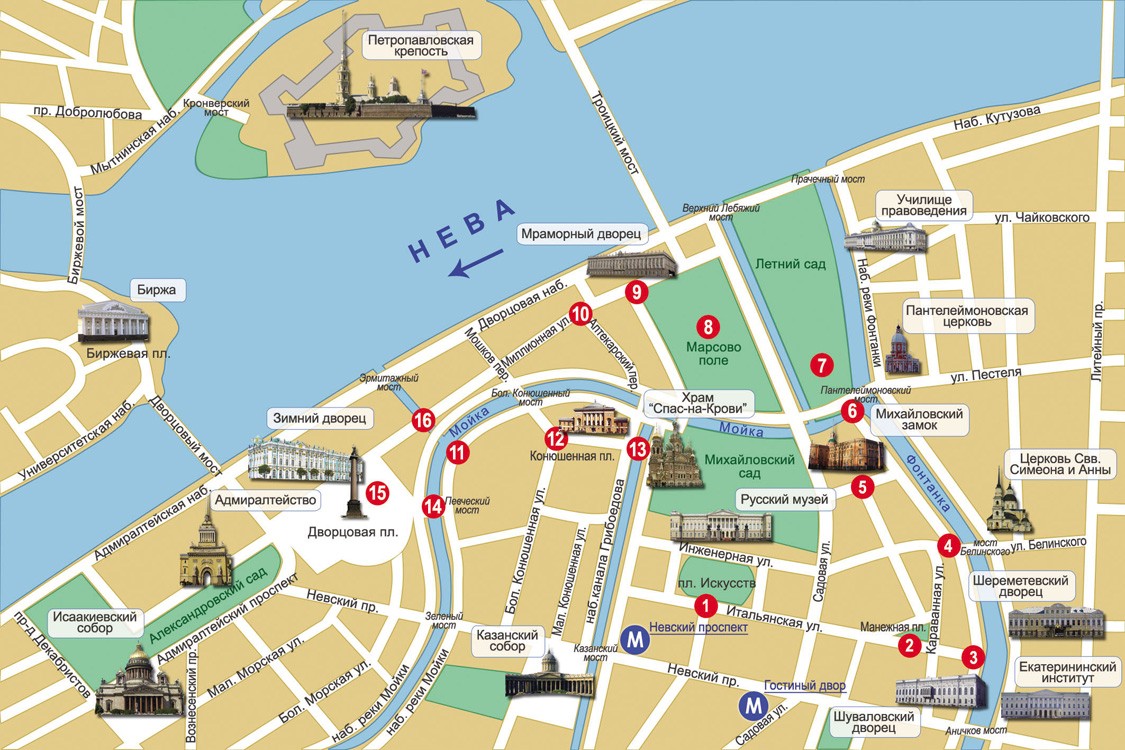 Карта Санкт-Петербурга с достопримечательностями и метро